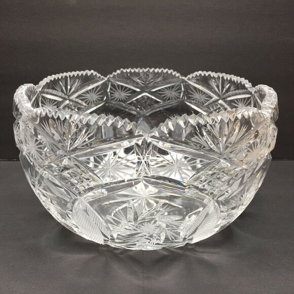 Vintage 1950s Crystal Sawtooth Rim Starburst Glass Serving Bowl Candy Fruit Host - Picture 1 of 10
